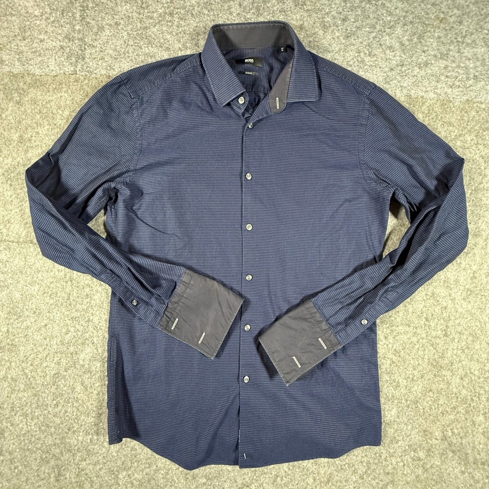 Hugo Boss Dress Shirt Mens 16 41 Navy Blue Slim Fit Micro Pattern French Cuff